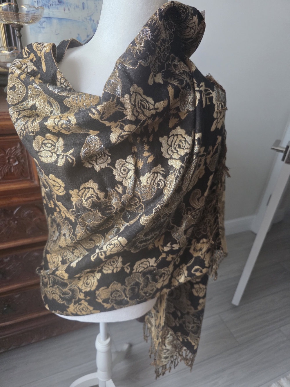Source Unknown Black and Gold Floral Jacquard Wrap Scarf